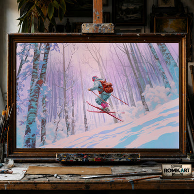 Skier Snow Covered Forest Sports Oil Painting