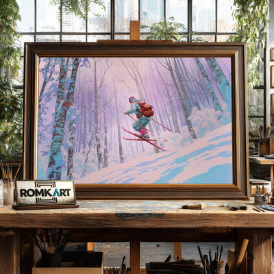 Skier Snow Covered Forest Sports Oil Painting - image 2