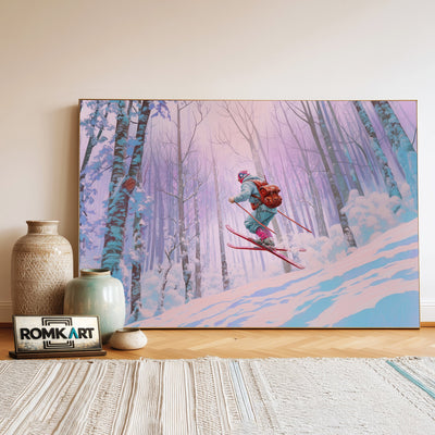 Skier Snow Covered Forest Sports Oil Painting - image 3