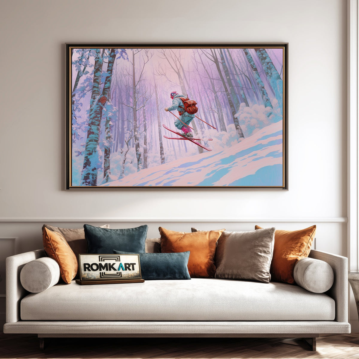 Skier Snow Covered Forest Sports Oil Painting - image 4