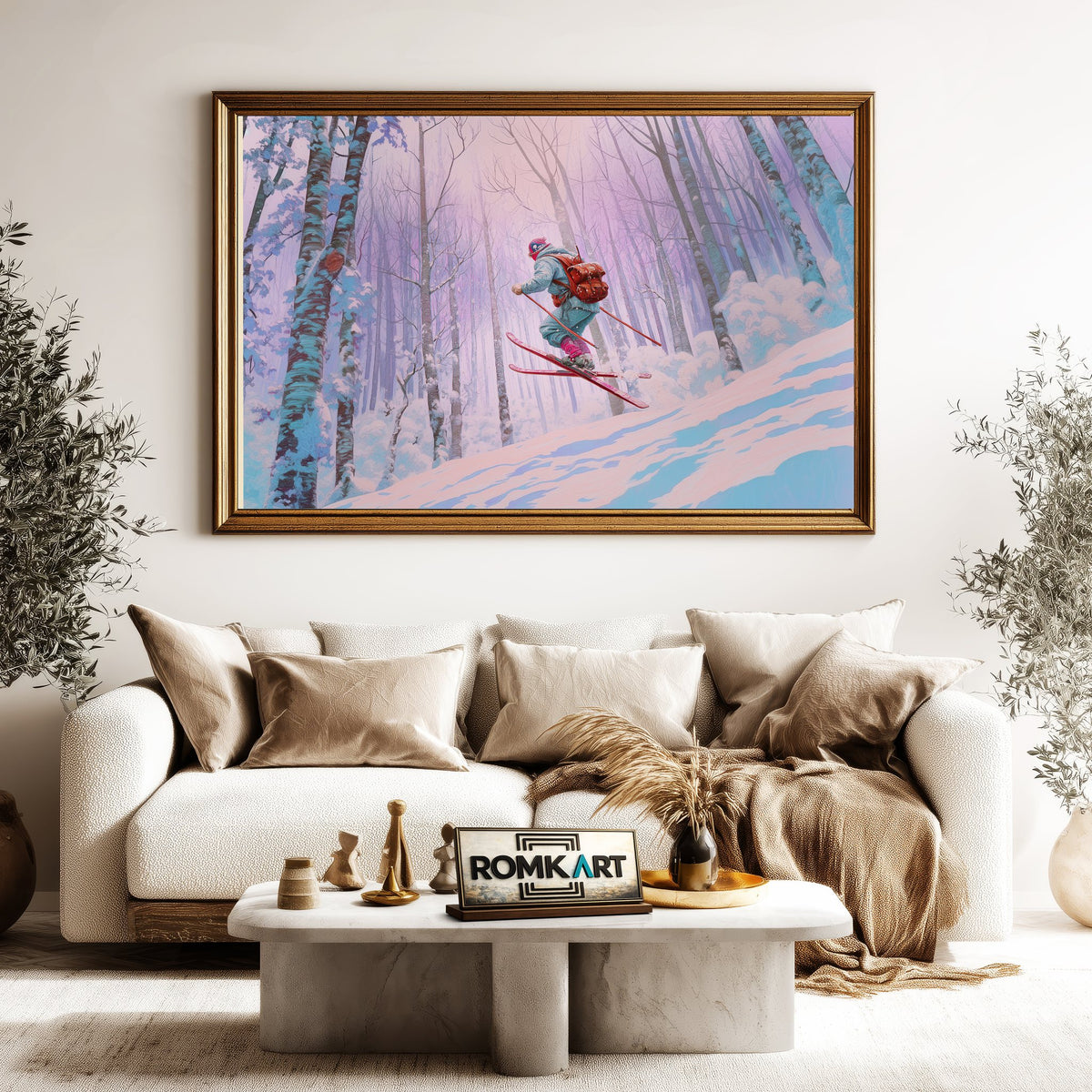Skier Snow Covered Forest Sports Oil Painting - image 5