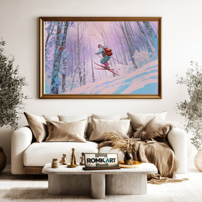 Skier Snow Covered Forest Sports Oil Painting - image 5