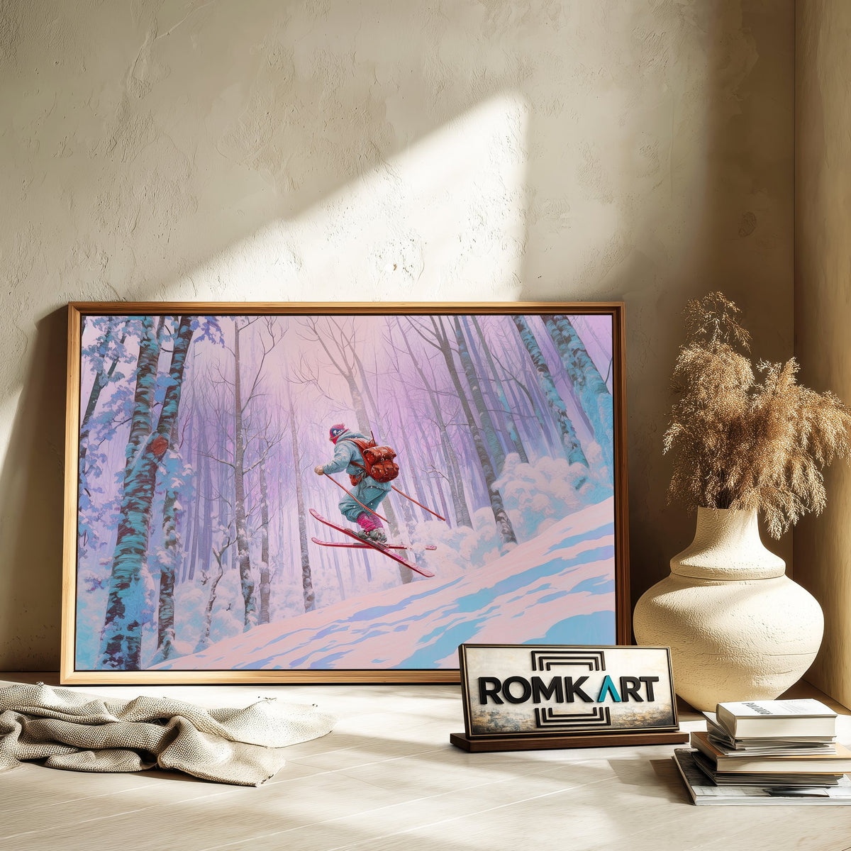 Skier Snow Covered Forest Sports Oil Painting - image 6