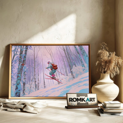 Skier Snow Covered Forest Sports Oil Painting - image 6