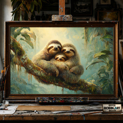 Sloth Family hand-painted oil painting on canvas