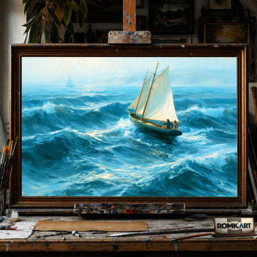 Small Sailboat Battling Coastal Waves - Hand-Painted Oil Painting - View 1