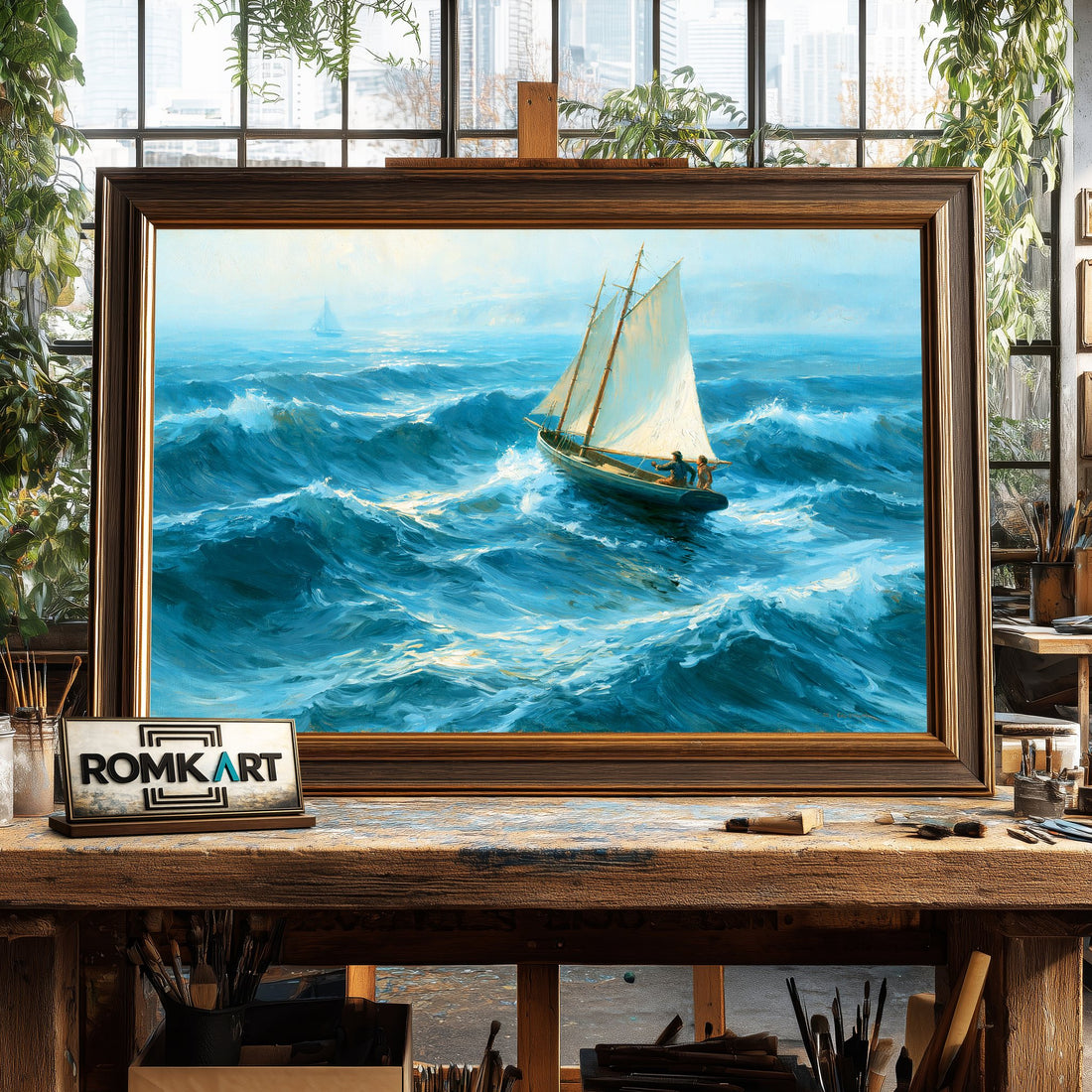 Small Sailboat Battling Coastal Waves - Hand-Painted Oil Painting - View 1