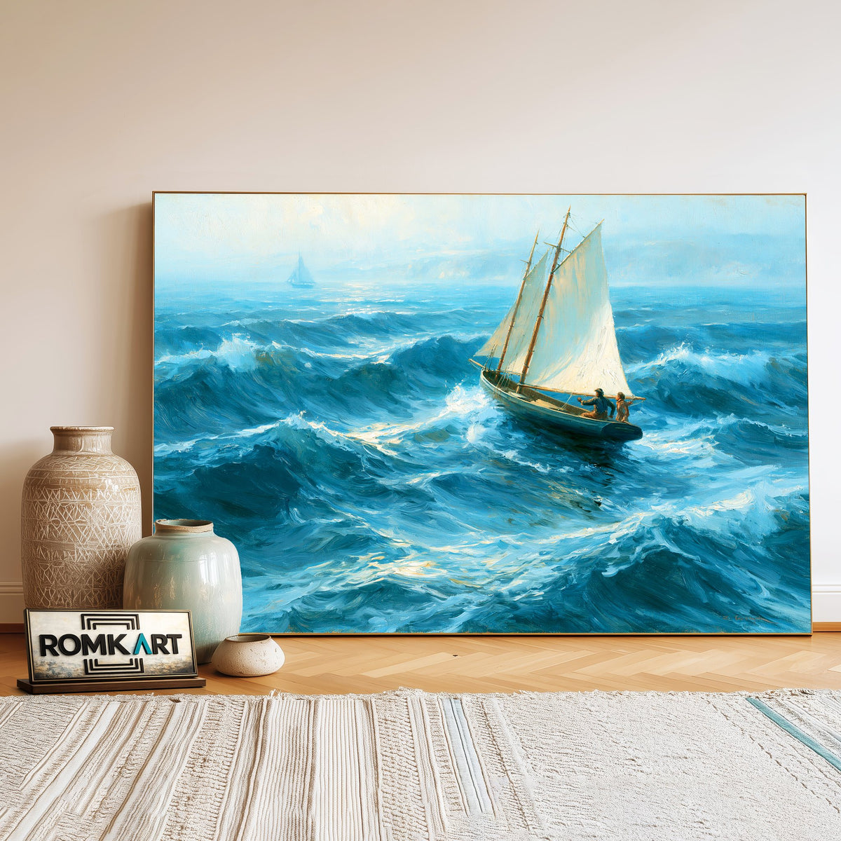 Small Sailboat Battling Coastal Waves Oil Painting - image 3