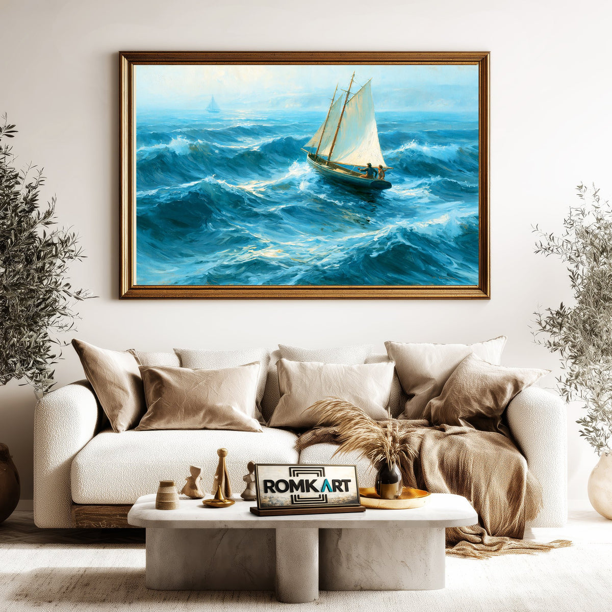 Small Sailboat Battling Coastal Waves Oil Painting - image 5