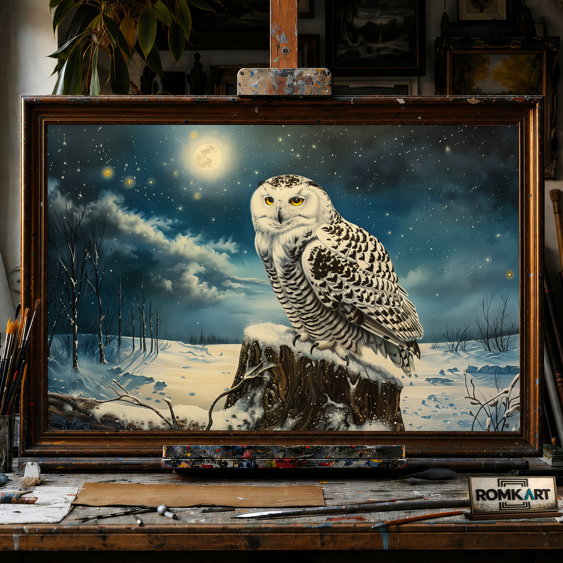 Snowy Owl and Moon hand-painted oil painting on canvas