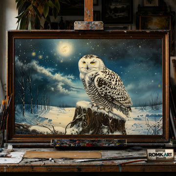 Snowy Owl and Moon hand-painted oil painting on canvas