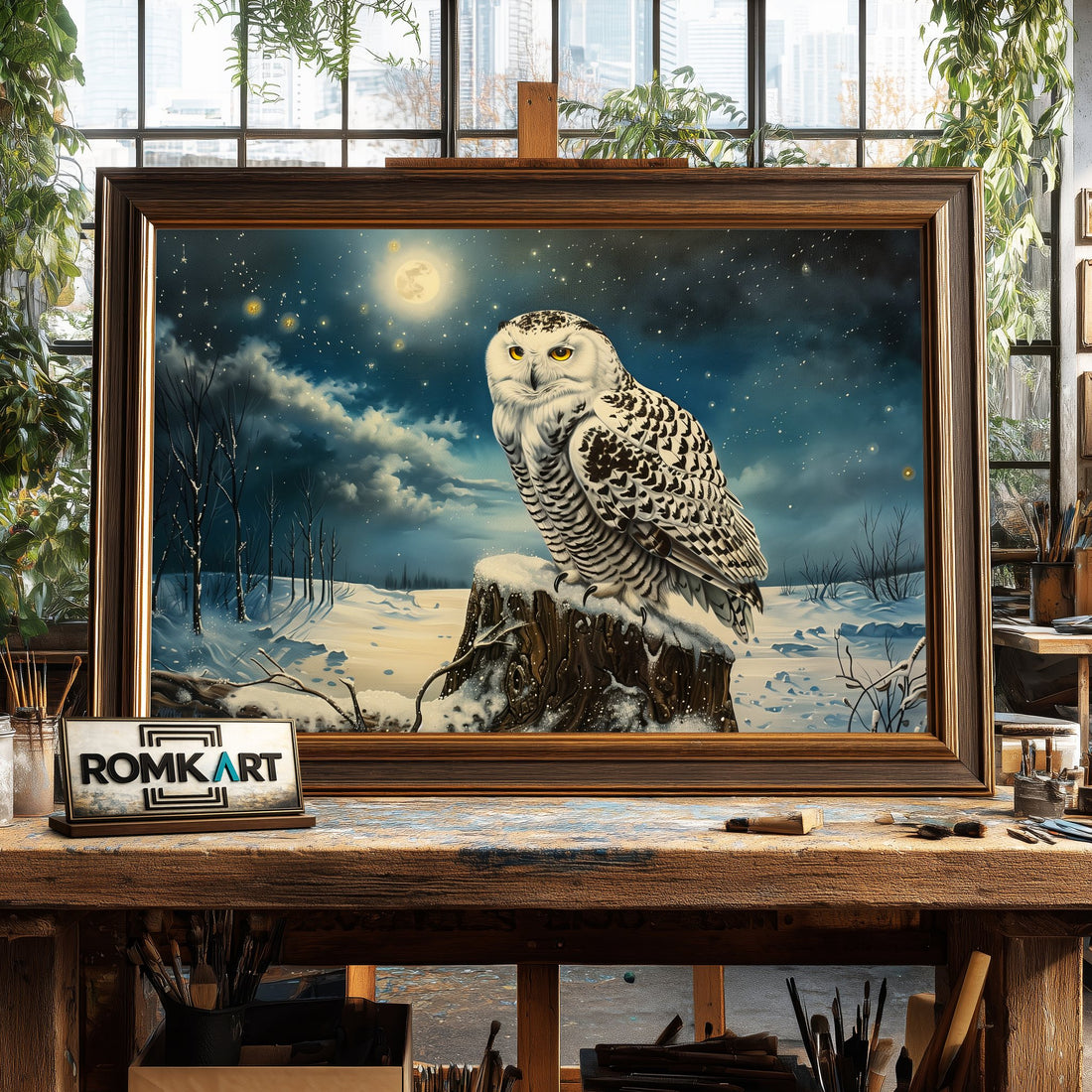 Snowy Owl and Moon hand-painted oil painting on canvas