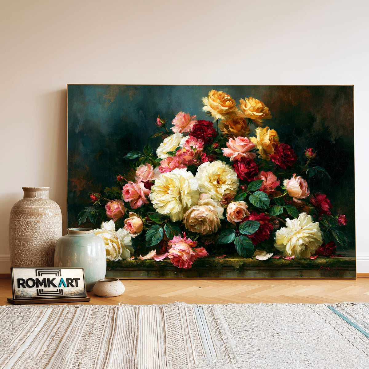 Still Life Cabbage Roses Oil Painting - image 3