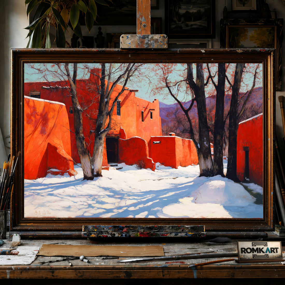 Sunlit Adobe House in Winter - Hand-Painted Oil Painting - View 1