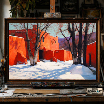 Sunlit Adobe House in Winter - Hand-Painted Oil Painting - View 1