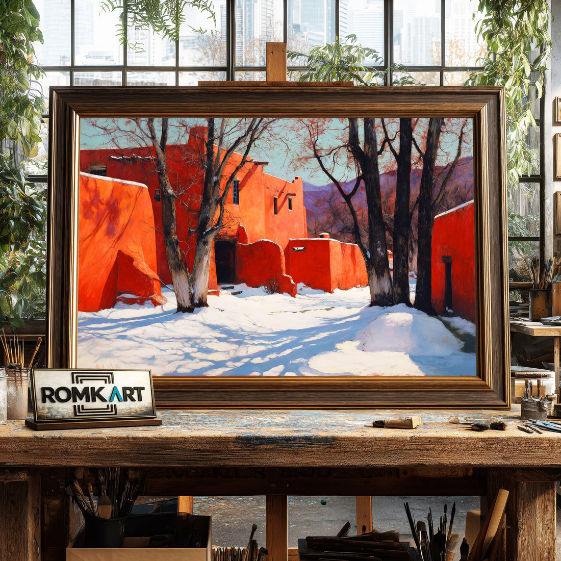 Sunlit Adobe House in Winter - Hand-Painted Oil Painting - View 1