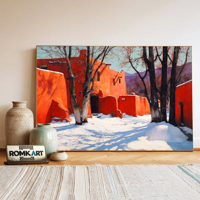 Sunlit Adobe House In Winter Oil Painting - image 3