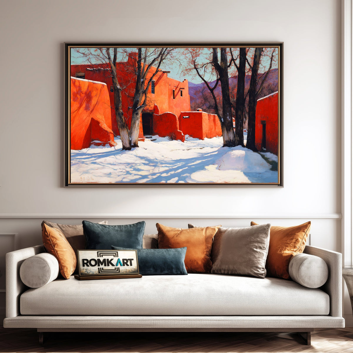 Sunlit Adobe House In Winter Oil Painting - image 4