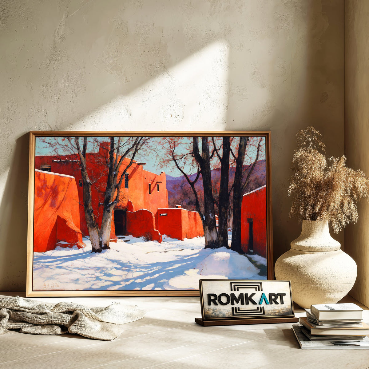 Sunlit Adobe House In Winter Oil Painting - image 6