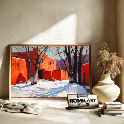 Sunlit Adobe House In Winter Oil Painting - image 6