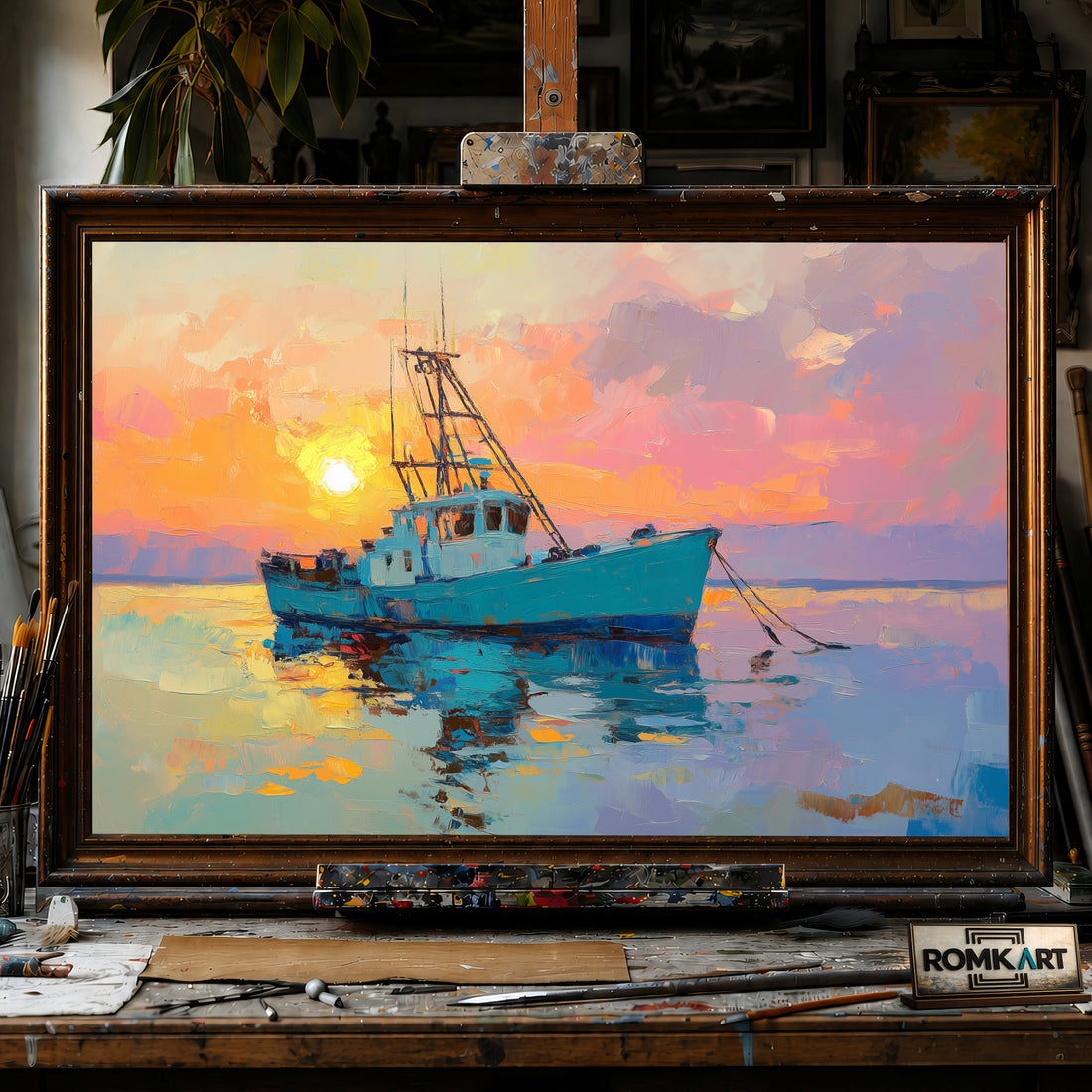 Sunset Over Fishing Boat Maritime Oil Painting
