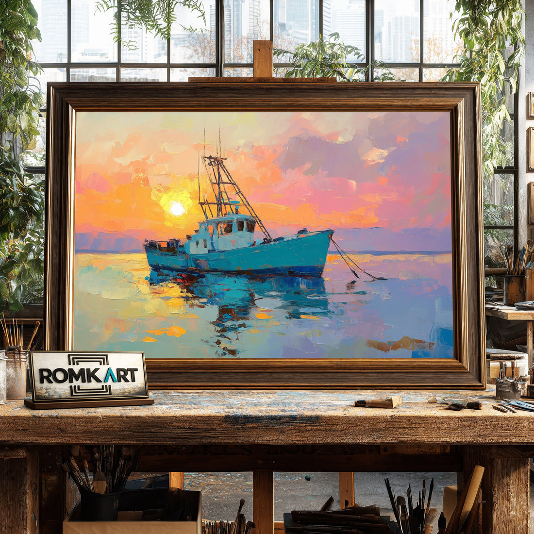 Sunset Over Fishing Boat Maritime Oil Painting