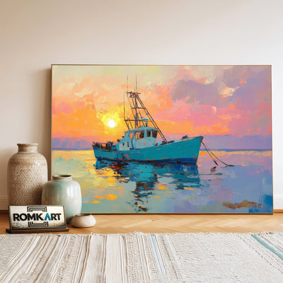Sunset Over Fishing Boat Maritime Oil Painting - image 3