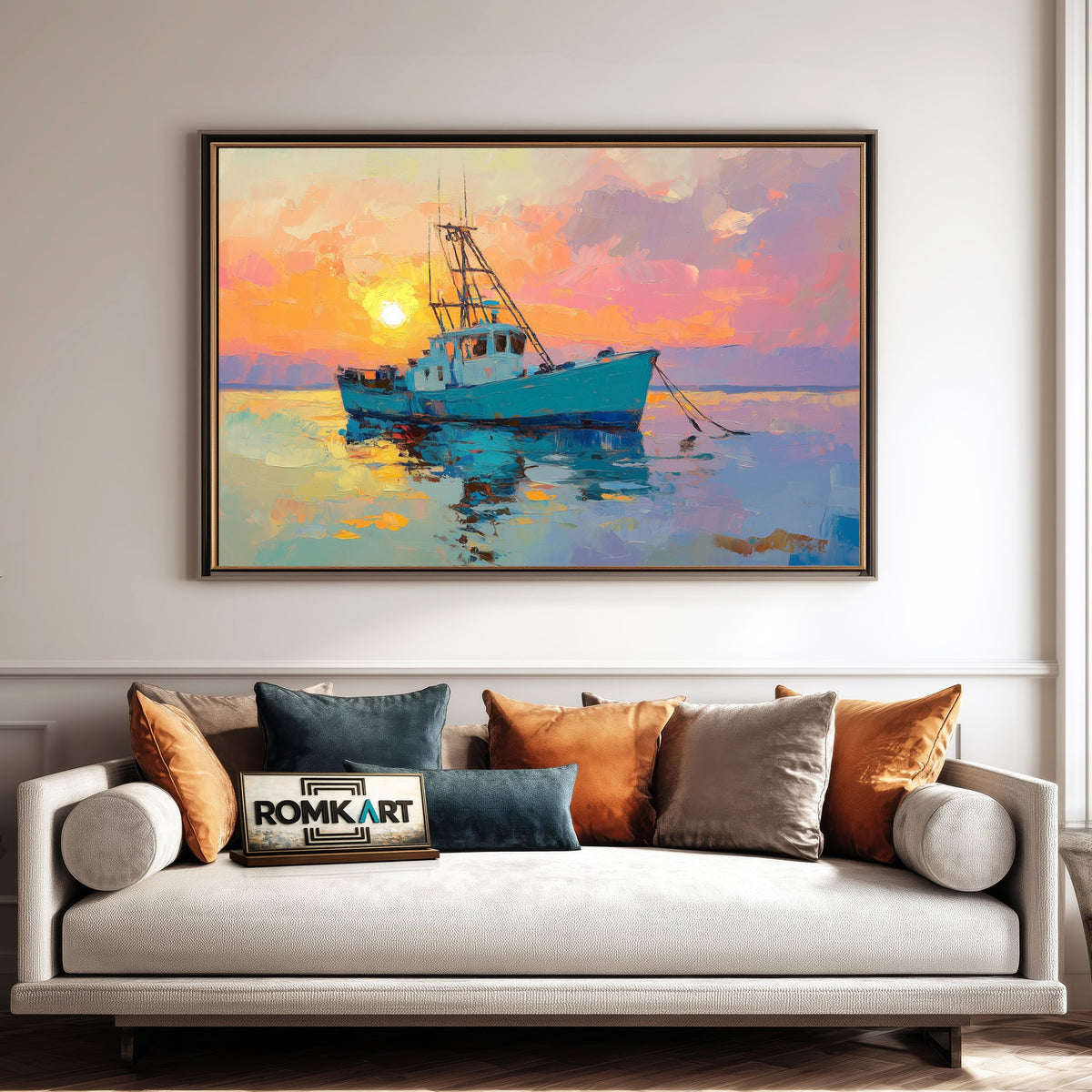 Sunset Over Fishing Boat Maritime Oil Painting - image 4