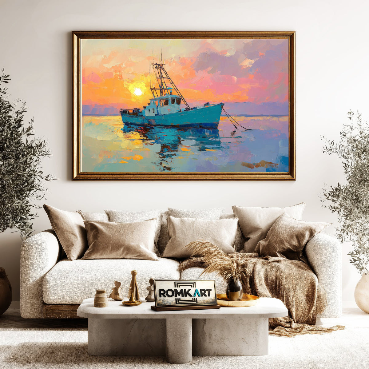 Sunset Over Fishing Boat Maritime Oil Painting - image 5