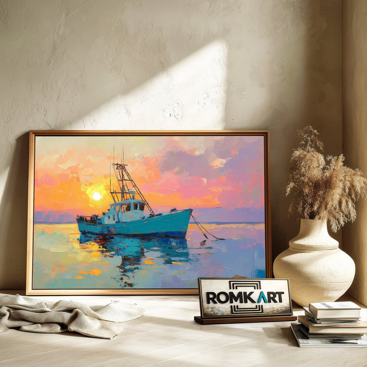 Sunset Over Fishing Boat Maritime Oil Painting - image 6