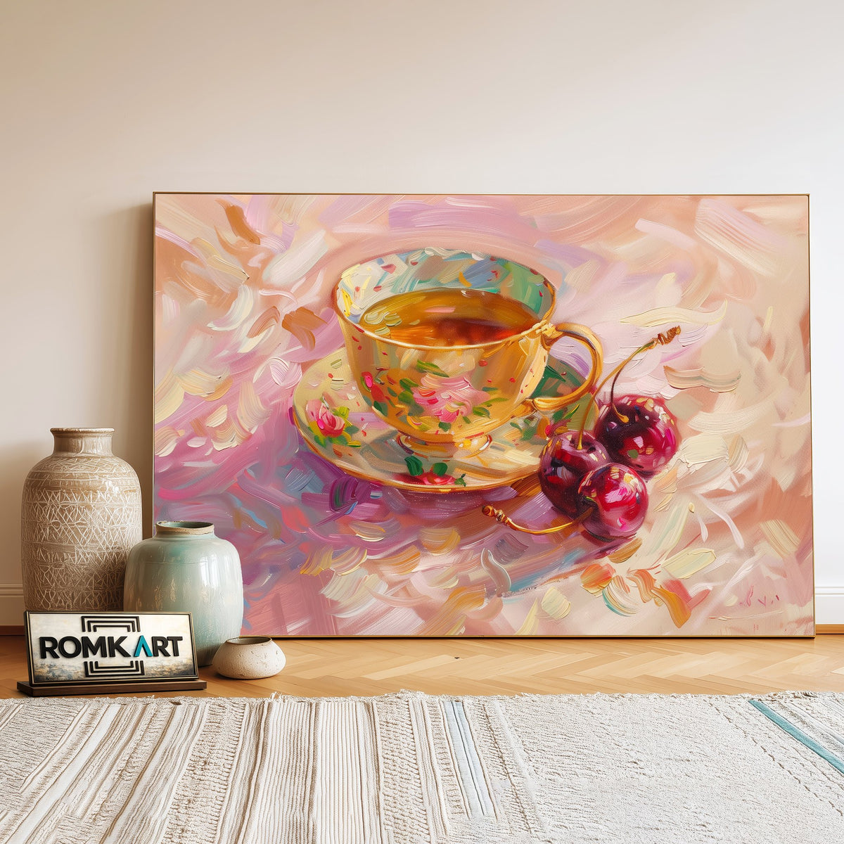 Teacup and Cherry Still Life Oil Painting - image 3