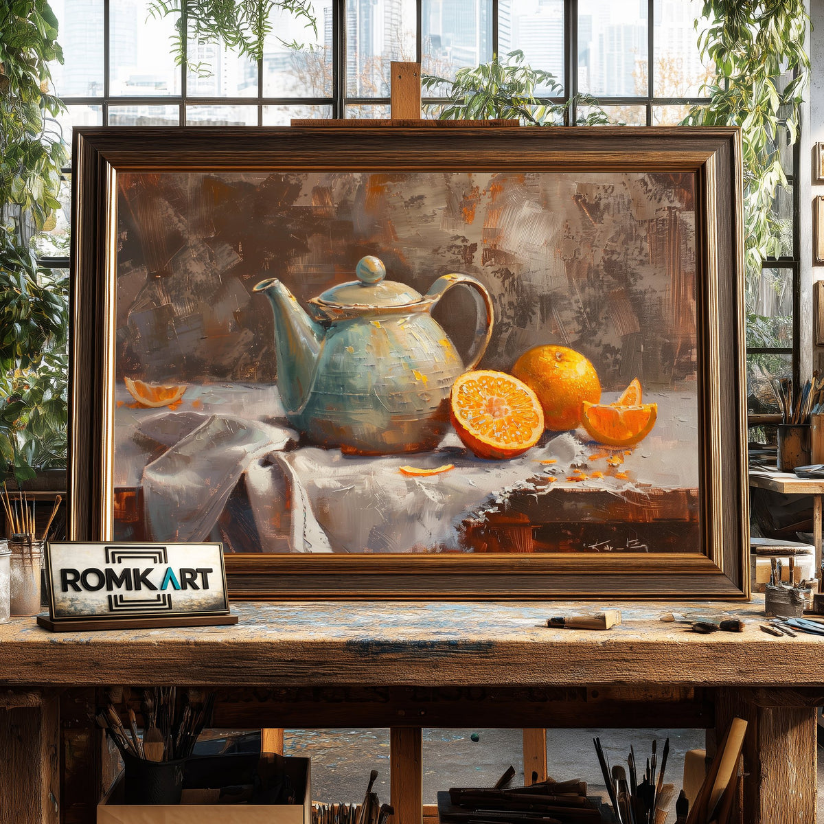 Teapot and sliced Orange Still Life Oil Painting - image 2