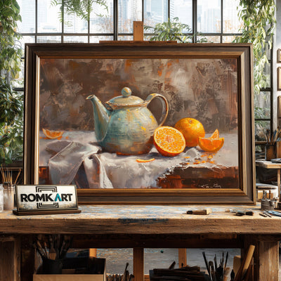 Teapot and sliced Orange Still Life Oil Painting - image 2