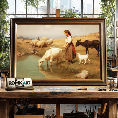 The Girl Watering Her Cow Farm Animal Oil Painting - image 2