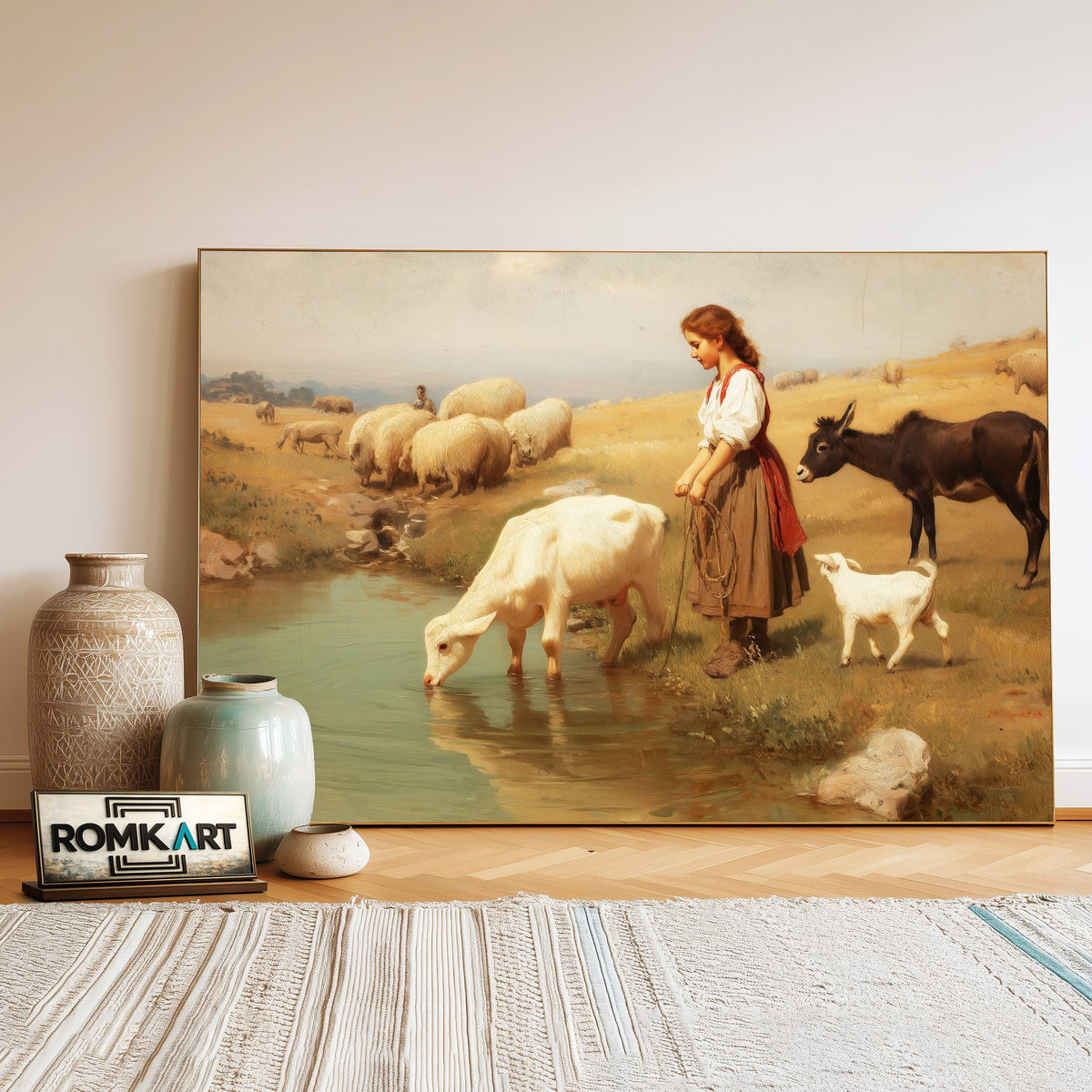 The Girl Watering Her Cow Farm Animal Oil Painting - image 3
