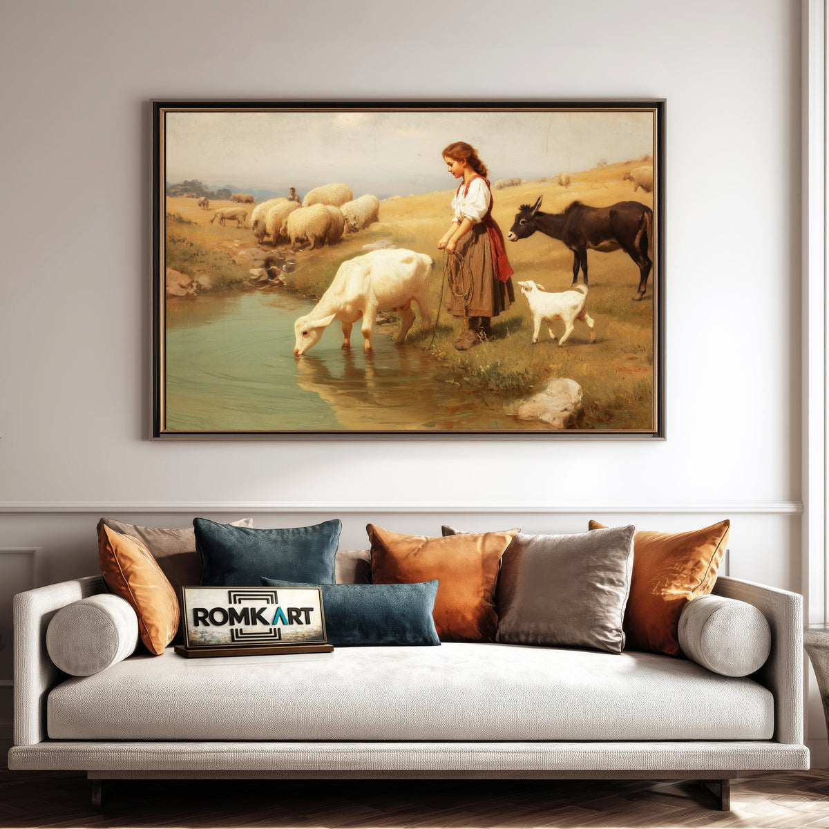 The Girl Watering Her Cow Farm Animal Oil Painting - image 4