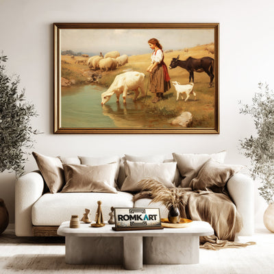 The Girl Watering Her Cow Farm Animal Oil Painting - image 5