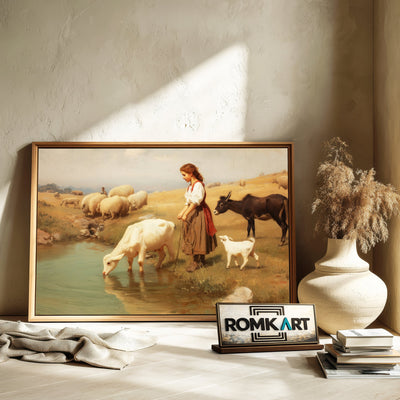 The Girl Watering Her Cow Farm Animal Oil Painting - image 6