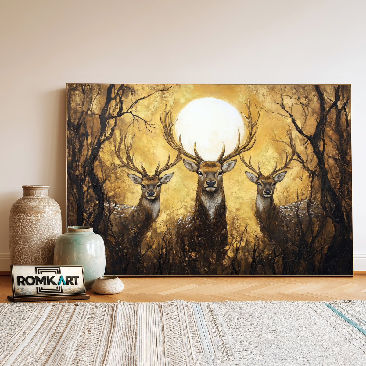 Three Majestic Deer Wildlife Oil Painting - image 3