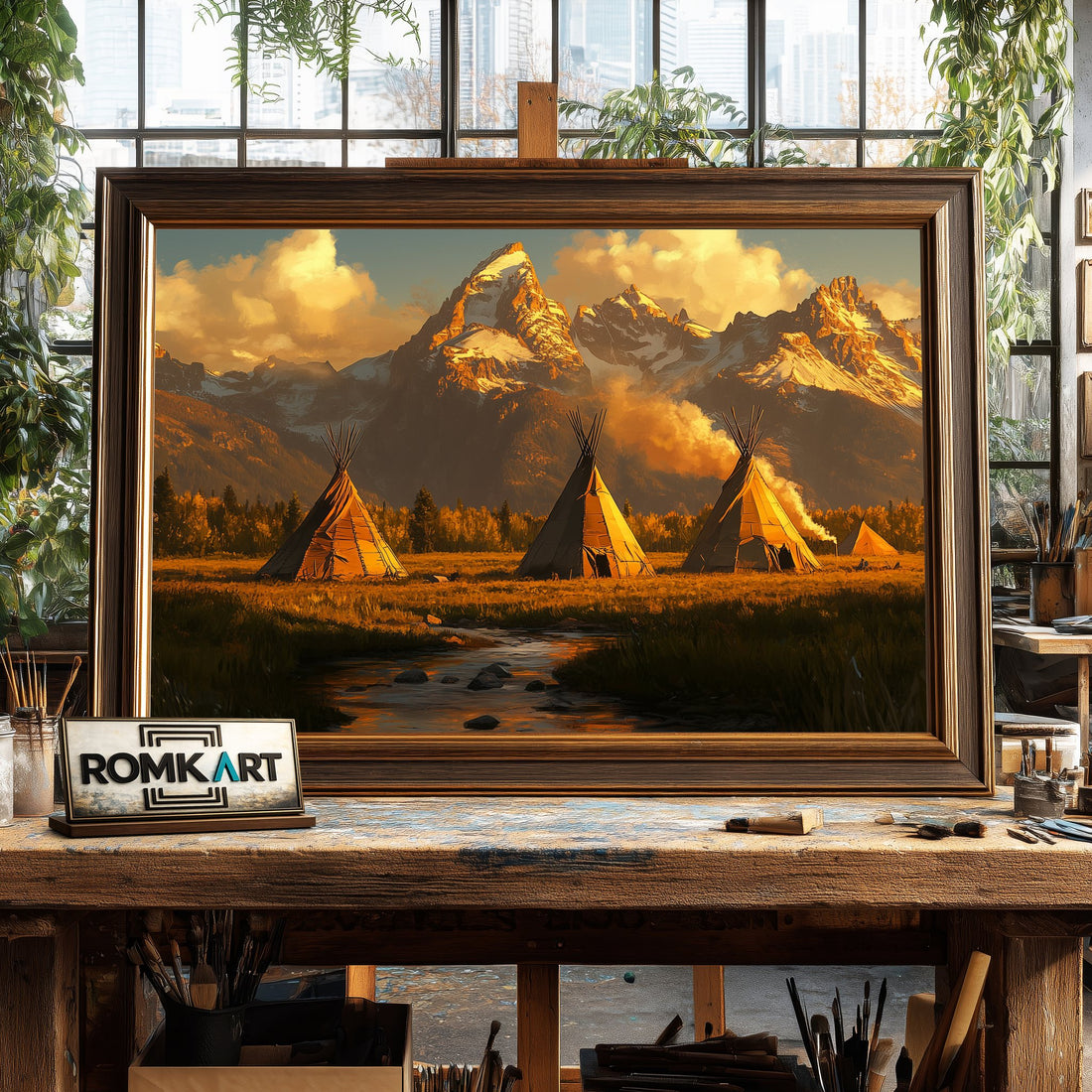 Tipi and Grand Teton mountain hand-painted oil painting on canvas