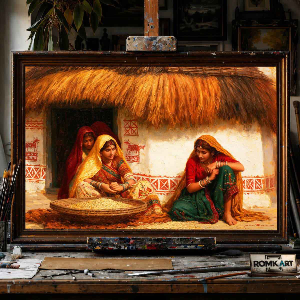 Traditional Indian village hand-painted oil painting on canvas