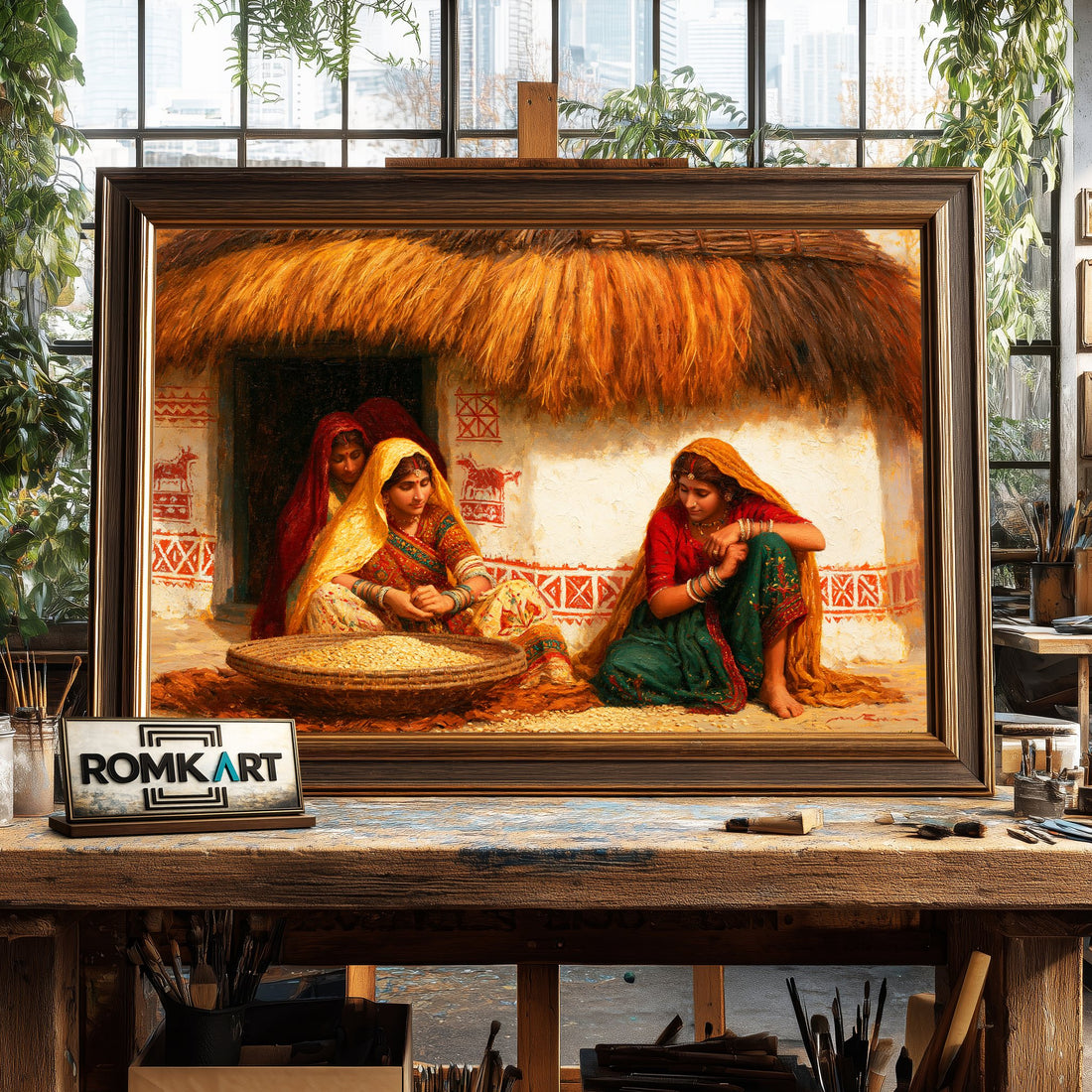 Traditional Indian village hand-painted oil painting on canvas