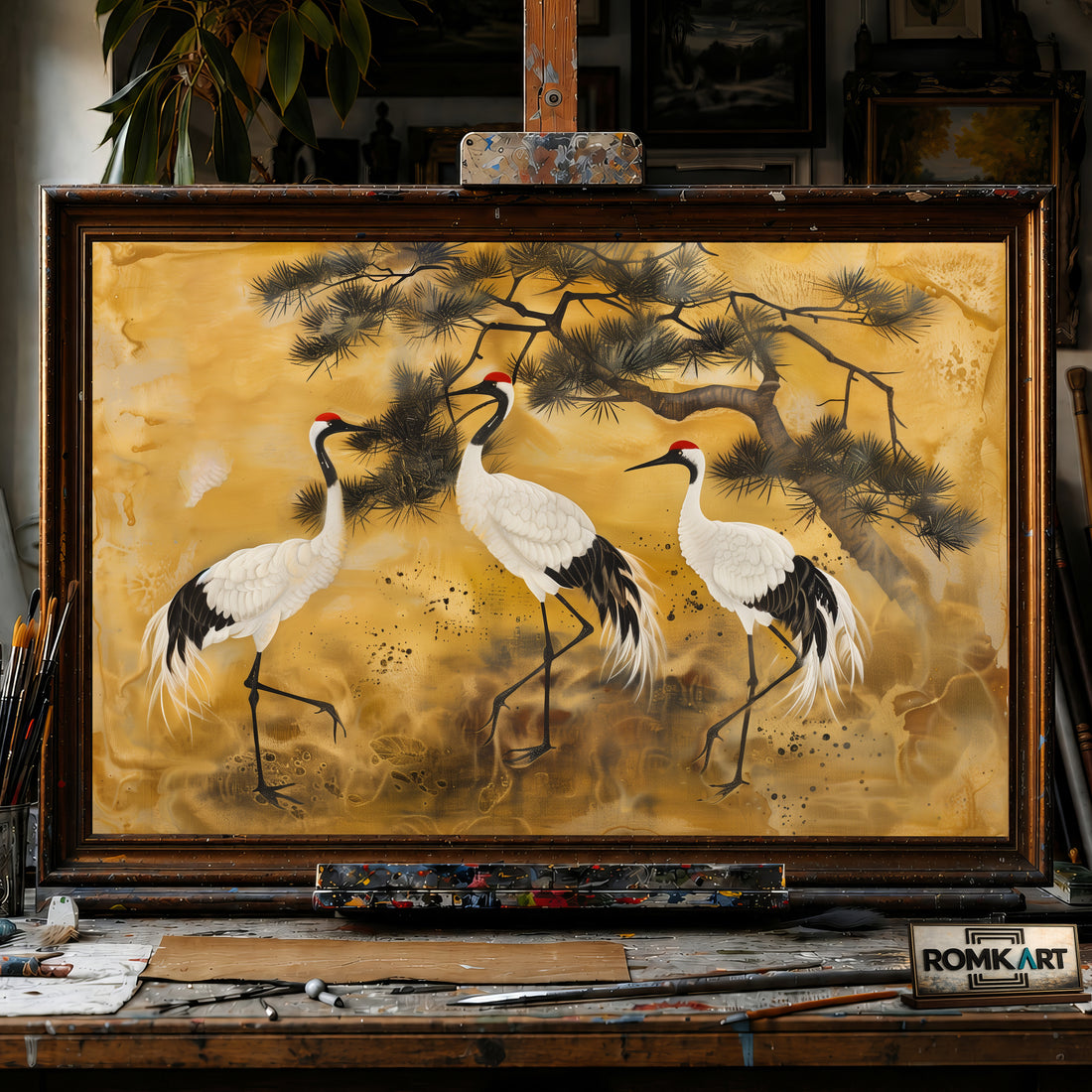 Traditional Japanese Cranes hand-painted oil painting on canvas