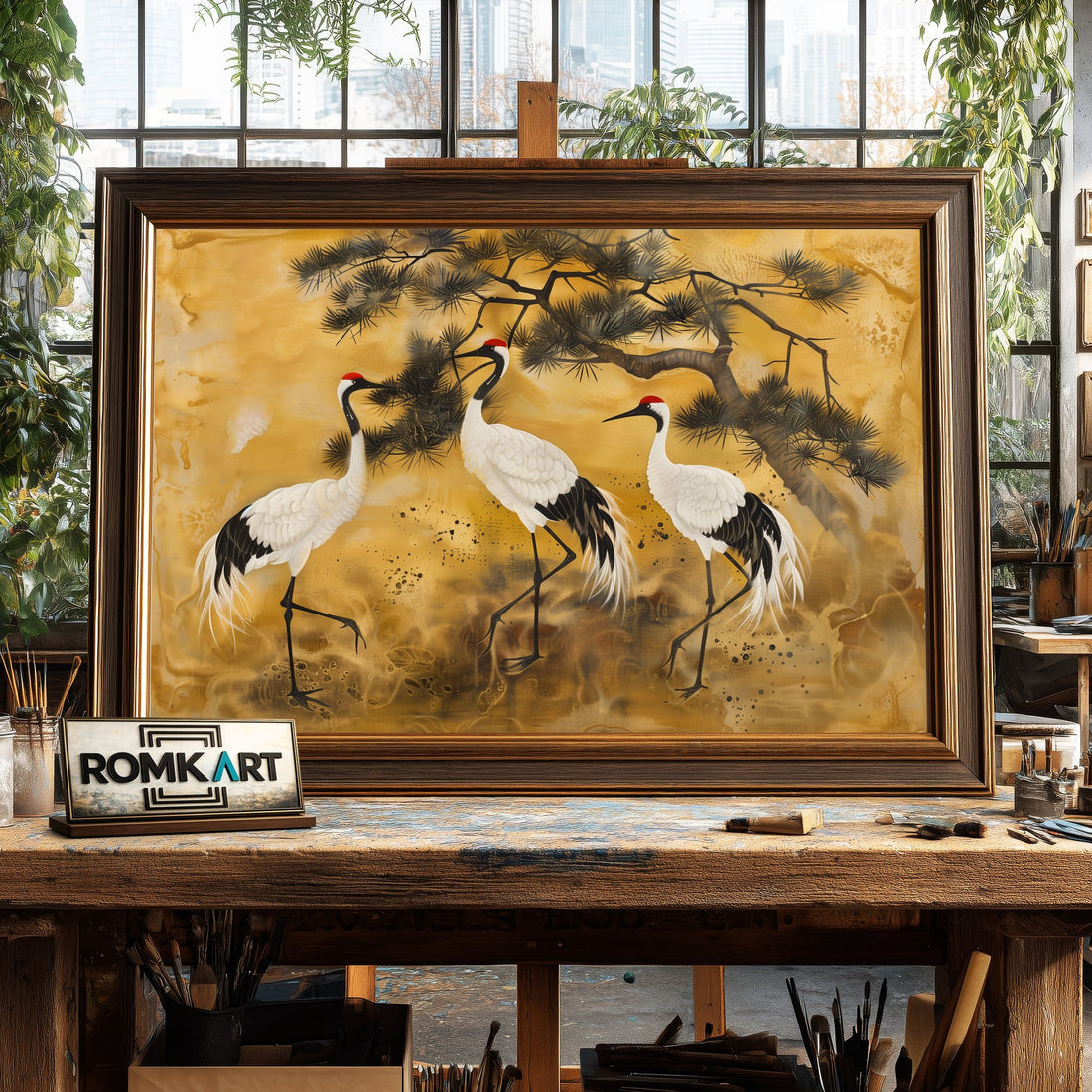 Traditional Japanese Cranes hand-painted oil painting on canvas