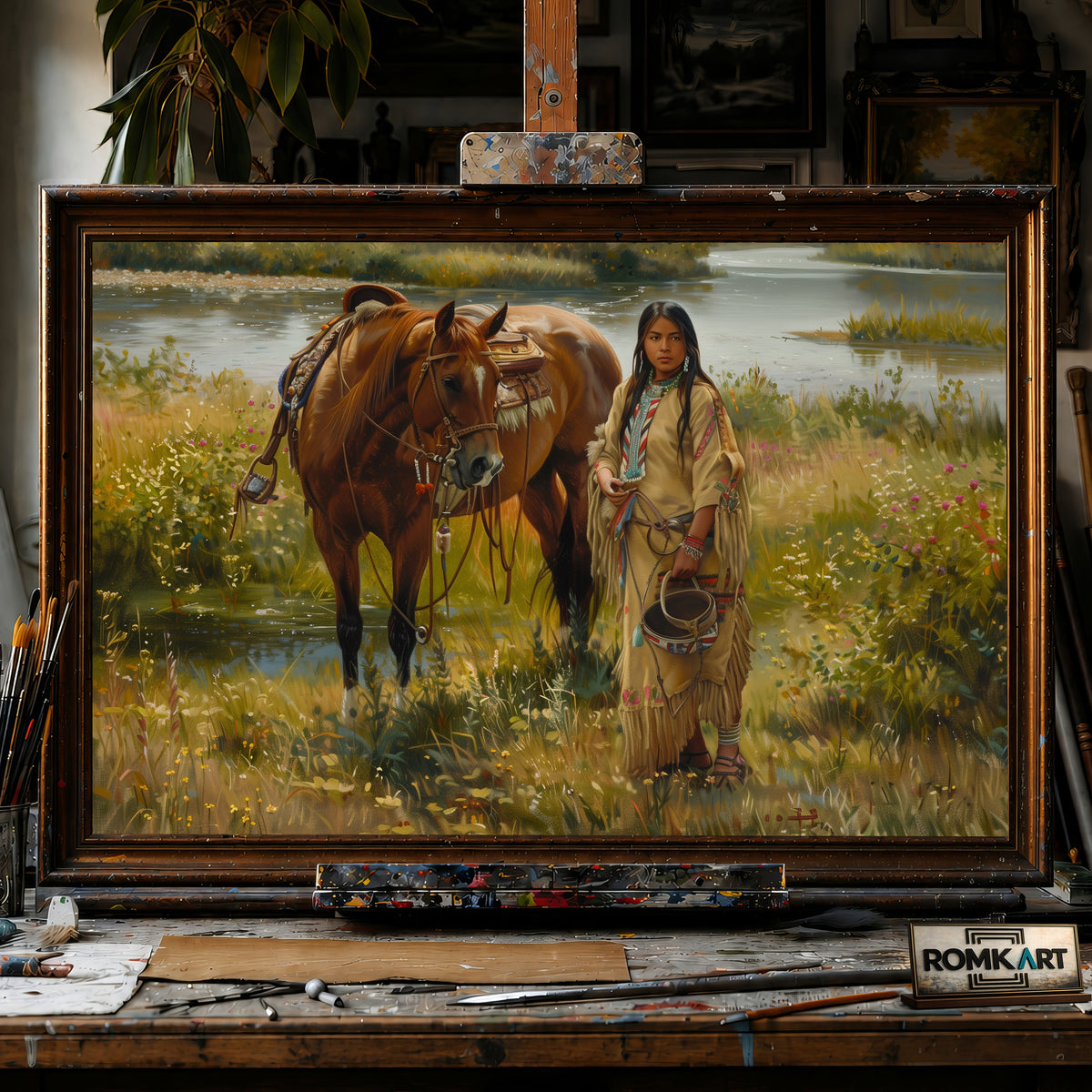 Traditional Native American Women hand-painted oil painting on canvas