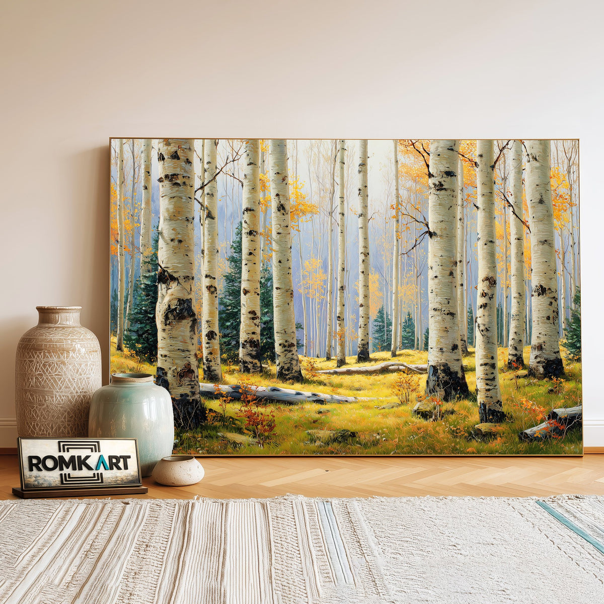 Tranquil Grove of Aspen Trees Forest Landscape Oil Painting - image 3