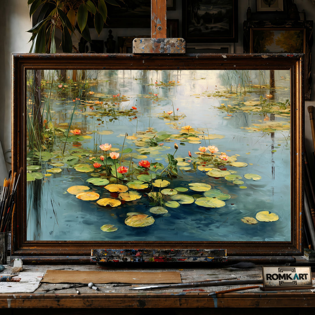Tranquil Water and Lily Flower - Hand-Painted Oil Painting - View 1