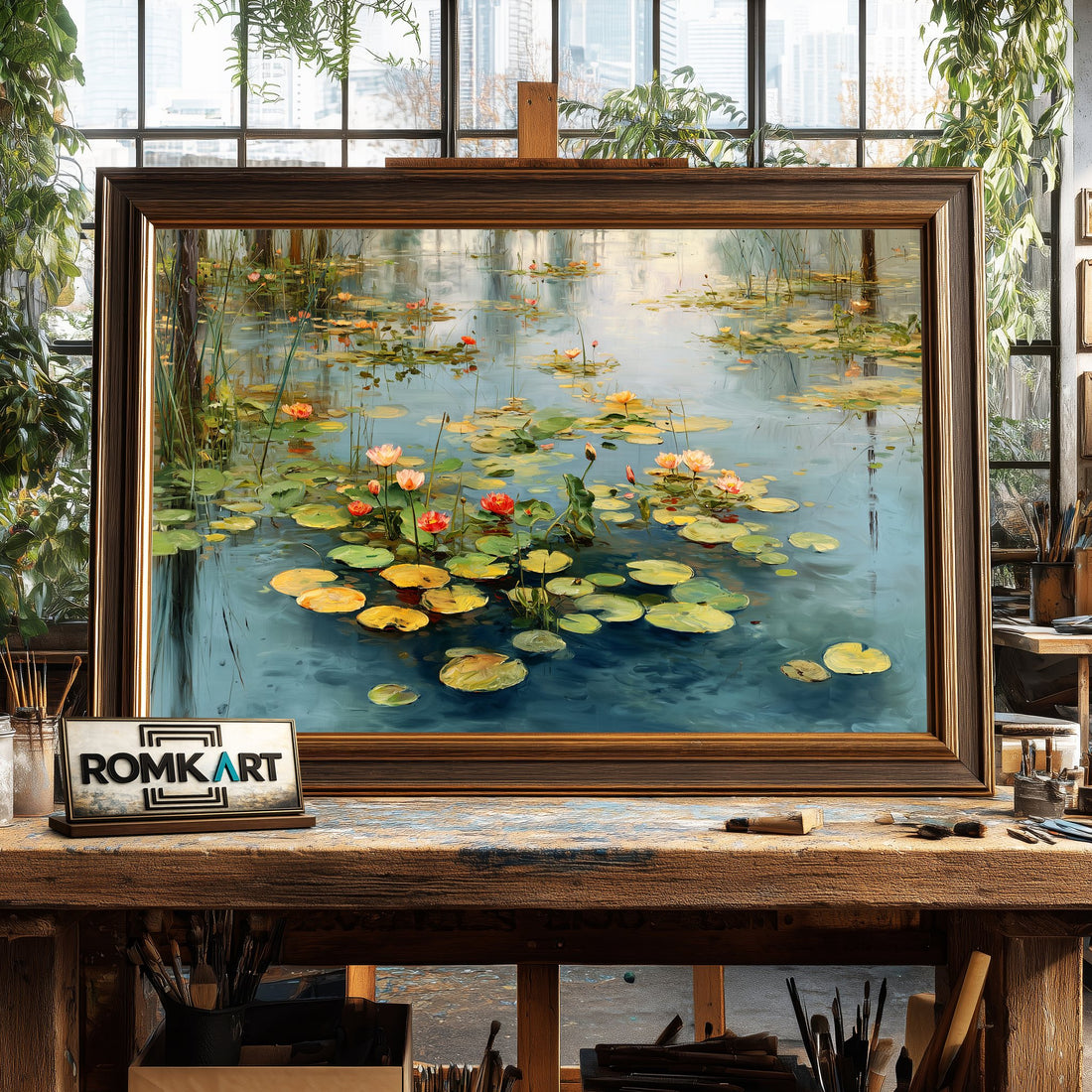 Tranquil Water and Lily Flower - Hand-Painted Oil Painting - View 1