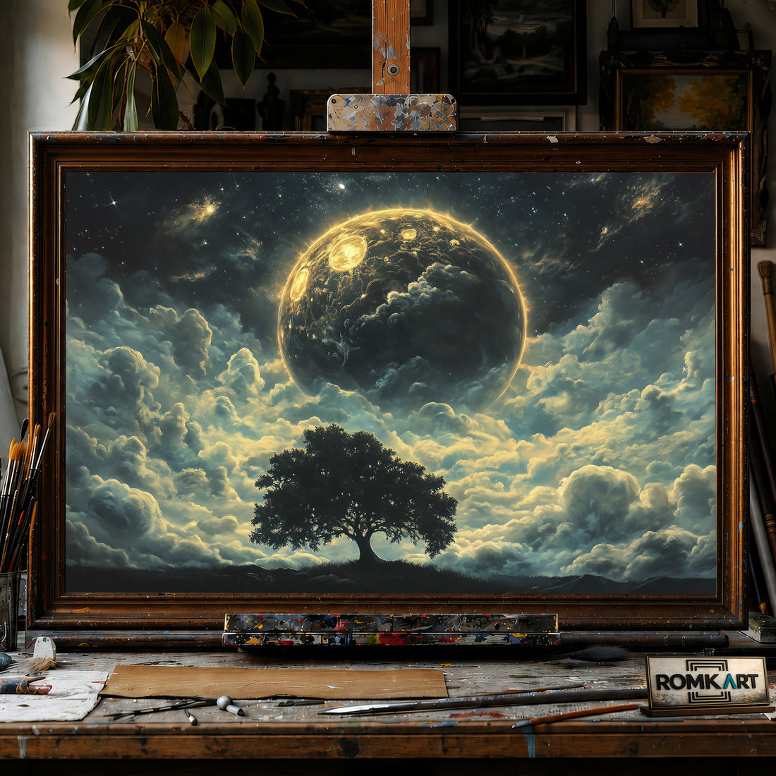 Tree and Full Moon hand-painted oil painting on canvas