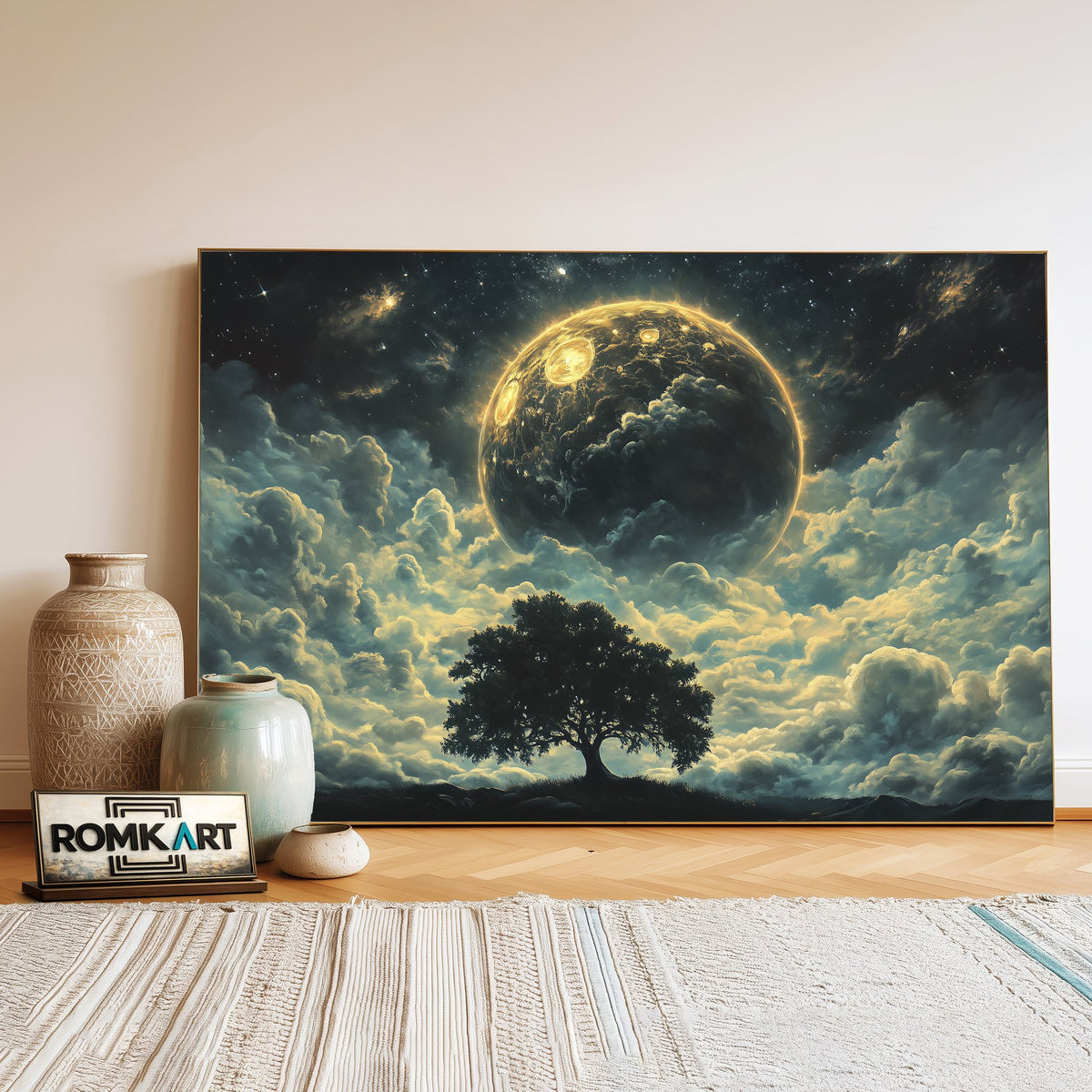 Tree and Full Moon Forest Landscape Oil Painting - image 3